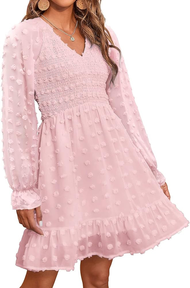 BTFBM Women V Neck Smocked Short Dress Long Sleeve Flowy Casual Swiss Dot Ruffle Chiffon Mini Sum... | Amazon (US)