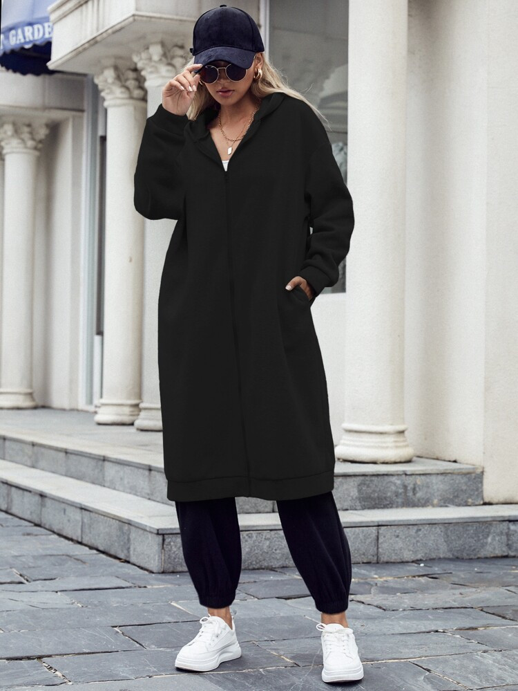 Drop Shoulder Hidden Pocket Zipper Longline Hoodie | SHEIN