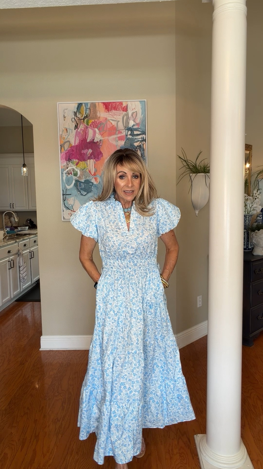 Dress perfection! This would be great for showers, weddings and any day you want to feel cute!
The smocked waist and v neck are flattering. Wearing a small. 
The shoes look like a pair I own from Schutz. They are insanely comfortable!

#LTKootd #LTKOver40 #LTKSaleAlert
