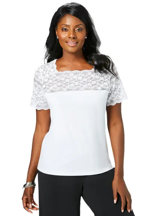 Jessica London Stretch Lace Neckline Top in White at Nordstrom, Size 3X | Nordstrom
