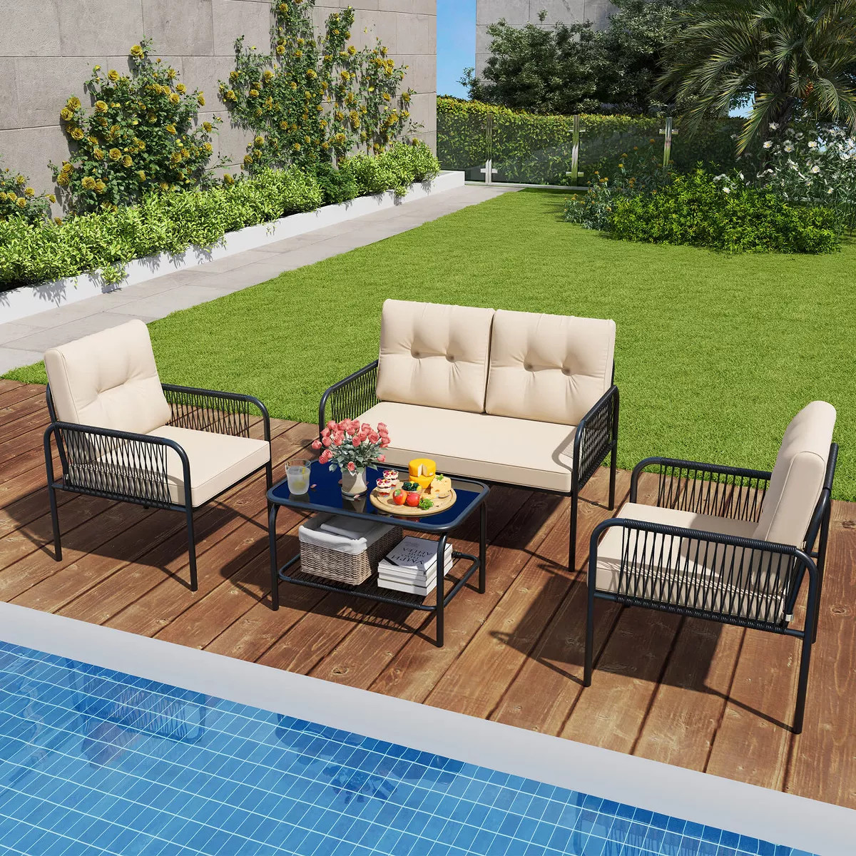 Costway 4 PCS Patio Furniture Set with Loveseat Tempered Glass Coffee Table & Soft Cushions | Target
