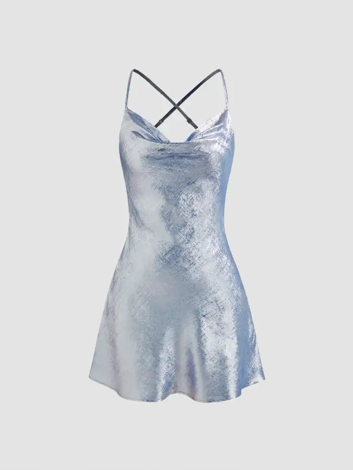 Cowl Neck Solid Metallic Criss Cross Mini Dress | Cider