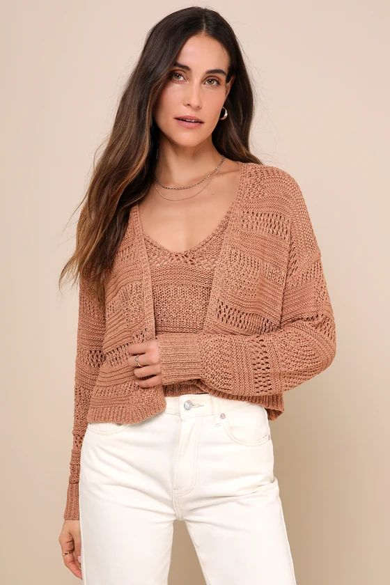 Two Sweet Light Brown Pointelle Knit Top and Cardigan Set | Lulus