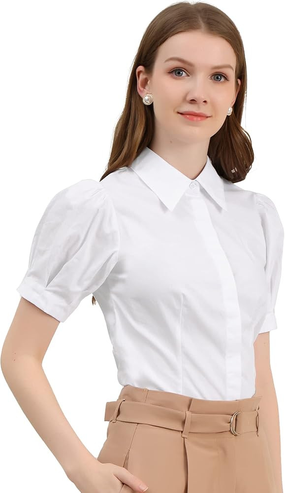 Allegra K Women's Work Office Button Down Shirt Puff Sleeve Collared Short Sleeve Fashion Top | Amazon (US)