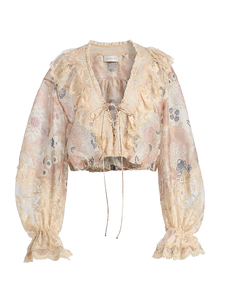 Women's Rebellion Lace-Up Linen-Silk Blouse - Cream Floral - Size 0 | Saks Fifth Avenue