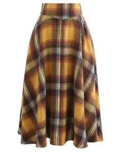 Multicolor Check Print Wool-Blend A-Line Skirt in Mustard | Chicwish