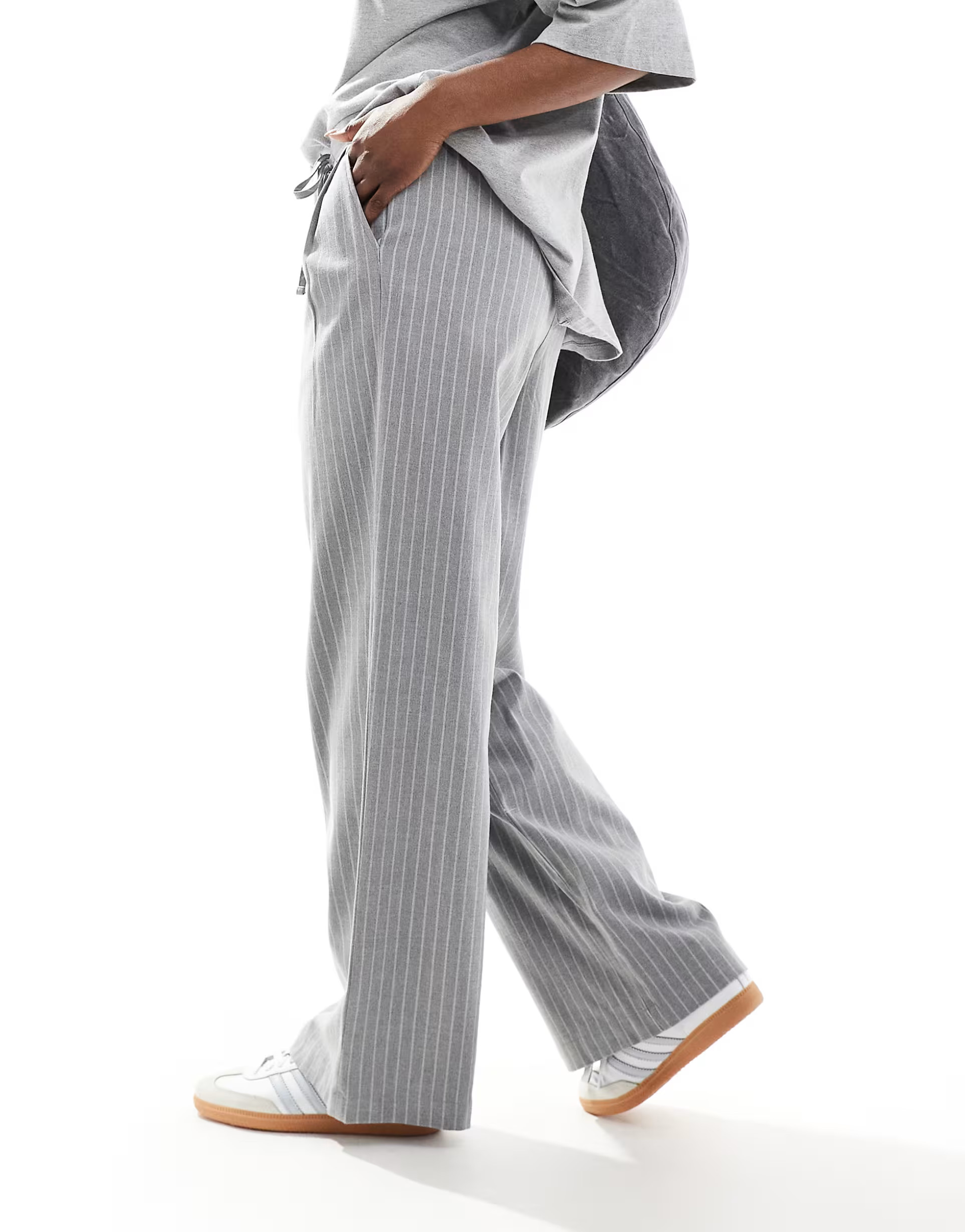 ASOS DESIGN tailored pull on pants in gray pinstripe | ASOS (Global)