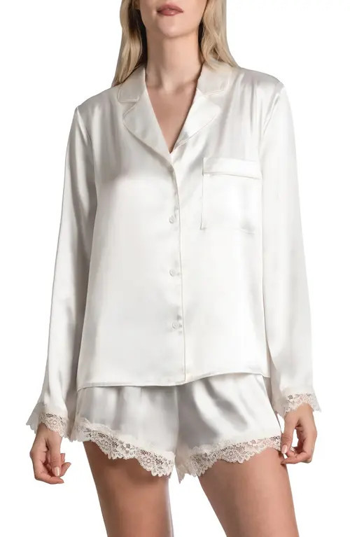 In Bloom by Jonquil Felicity Lace Trim Long Sleeve Satin Shorts Pajamas in Off White at Nordstrom, Size Large | Nordstrom