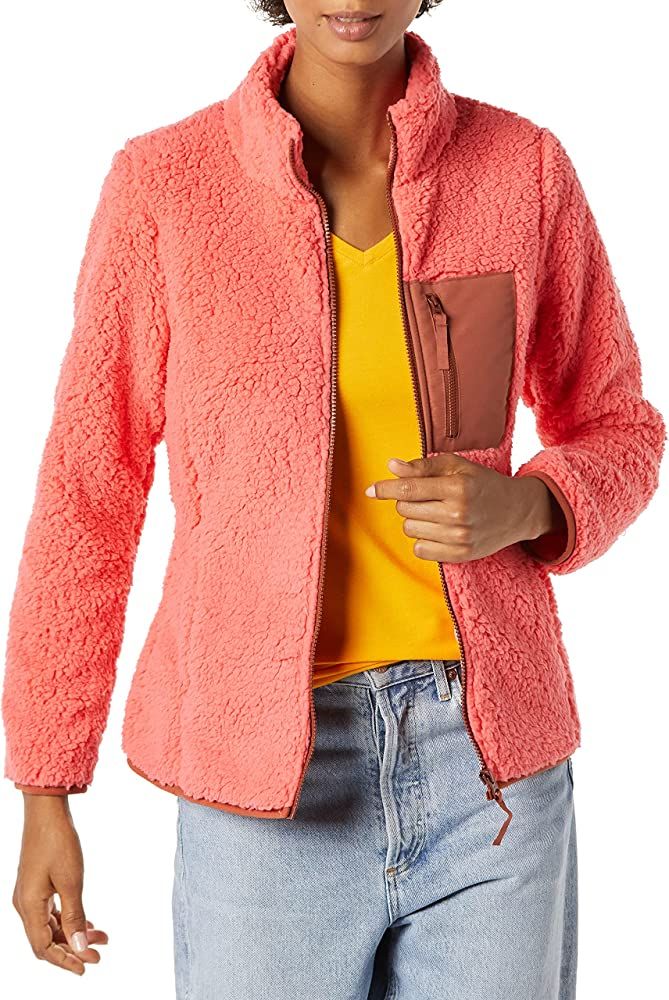 Amazon.com: Amazon Essentials Women's Sherpa Color Blocked Long-Sleeve Mockneck Full-Zip Jacket, ... | Amazon (US)