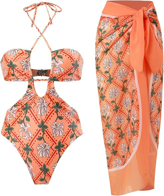 Women One Piece Swimsuit with Matching Cover Ups Floral Sexy Bikini Sets High Cut Push Up Two Pie... | Amazon (US)