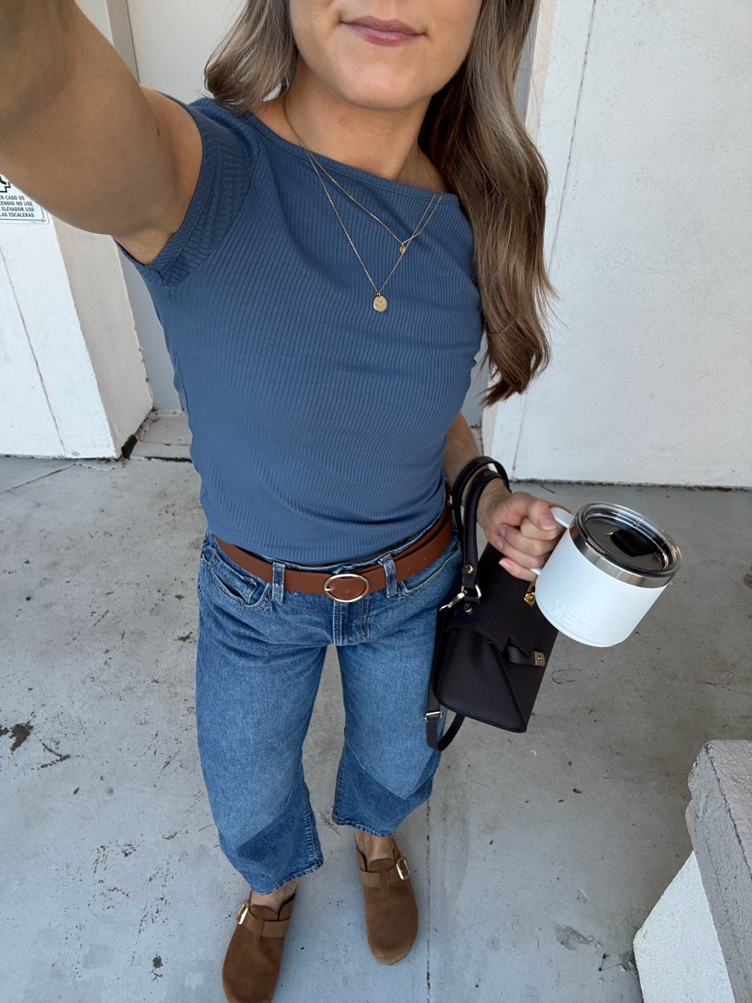Salon day fit! 💁🏼‍♀️💁🏻‍♀️  
Top & bottom on sale! 🚨👀

Top: XS
Bottoms: 0/25 Short 
Belt: Old Target (XS/S)
Shoes: 8 (Marshals - tagged similar!)

Annnd let’s just pretend ya didn’t see that pit stain - it’s 81 degrees in November yall 😅🤣

Aerie, boat neck tee, barrel jeans, gap factory, mules, tan suede clogs, fall fit, ootd, petite fashion, mom fit, brown bag, black, blue, sky blue 

#LTKSaleAlert #LTKFindsUnder50 #LTKPetite