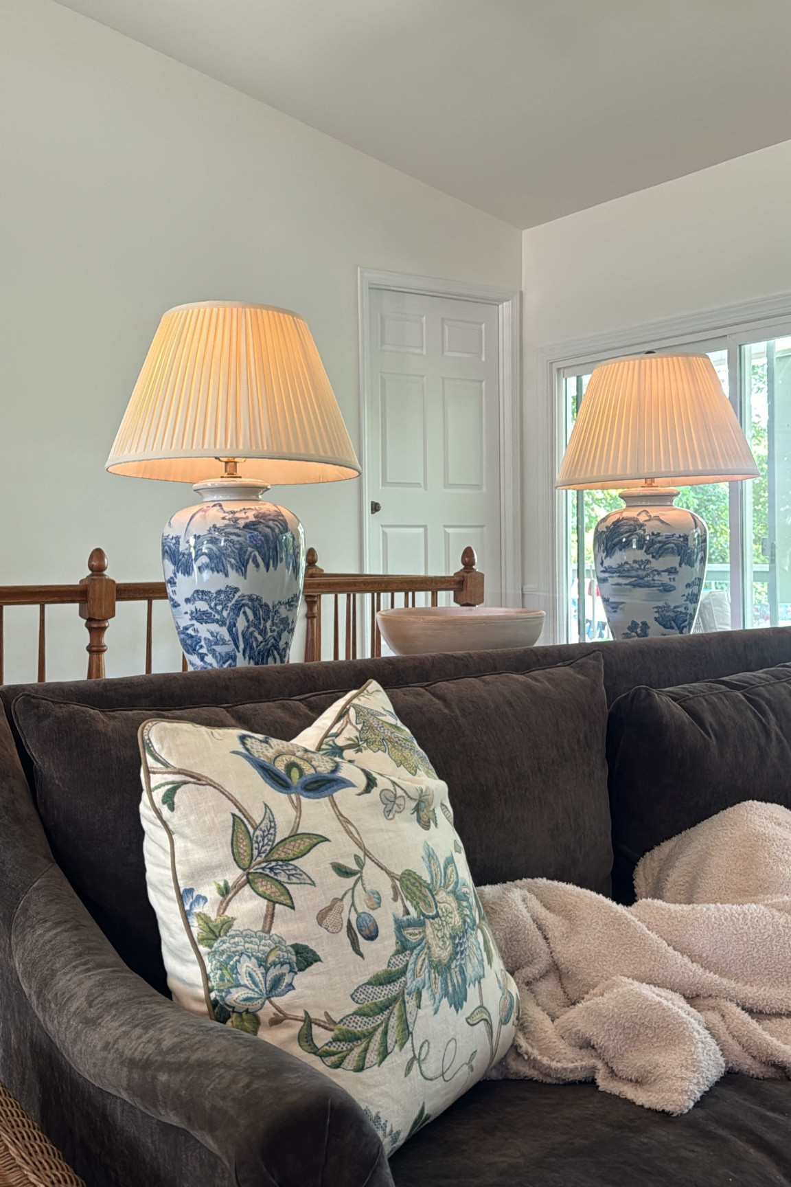 Large chinoiserie lamps with pleated shades from Amazon!! Pillows from Etsy 💙 brown velvet sofa is from Gabby decor. The Westley sofa is fabric savvy caviar 

#LTKHome