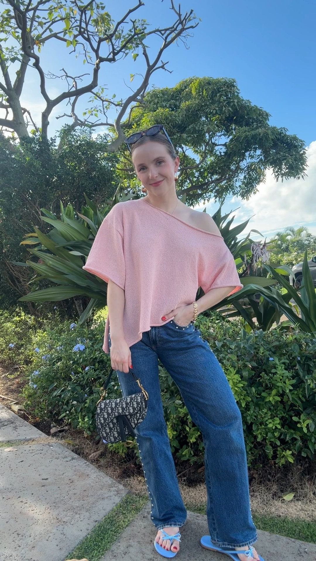 Easy breezy casual vacation ootd 
Xs off the shoulder top, 25 short jeans 
Vivrelle luxury Dior bag borrowed use code LEAHANDSARAH for your first month free.

#LTKSaleAlert #LTKootd #LTKPetite