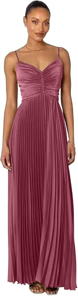 RYANTH Chiffon Long Bridesmaid Dresses for Women Spaghetti Straps V Neck Prom Dresses Pleated A L... | Amazon (US)