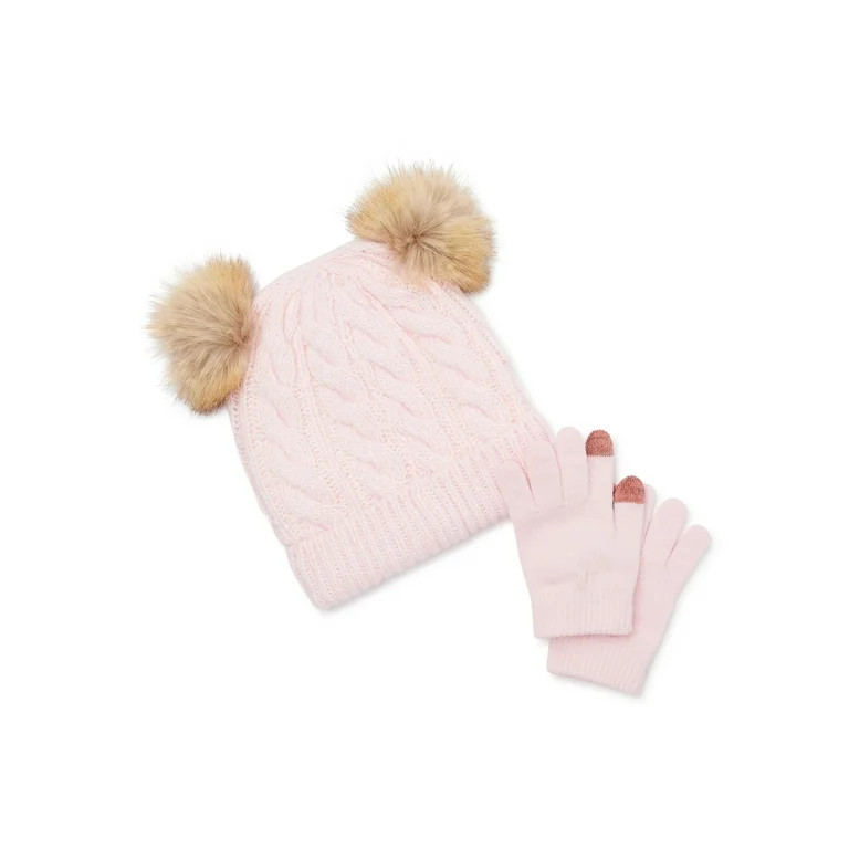 Wonder Nation Girls Double Pom Beanie Hat and Touchscreen Gloves Set, 2-Piece | Walmart (US)