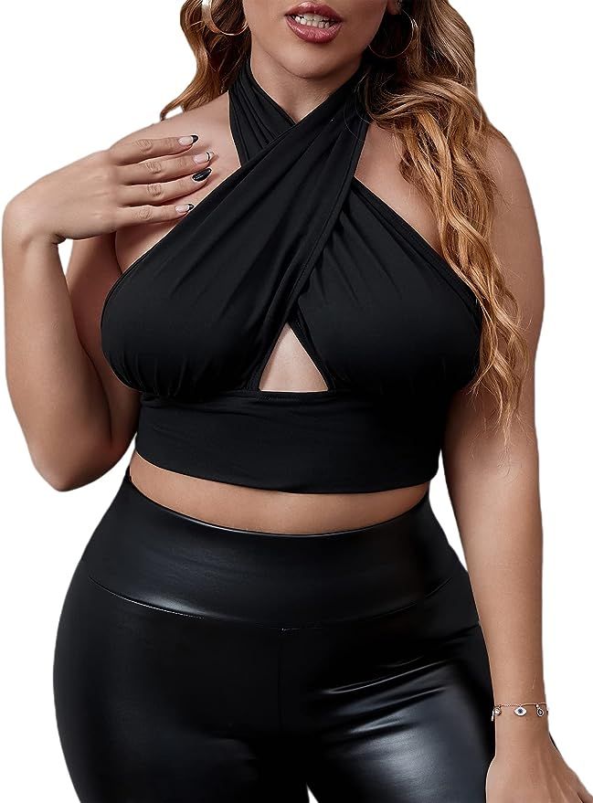 MakeMeChic Women's Plus Size Halter Criss Cross Cut Out Crop Tank Top Clubwear | Amazon (US)