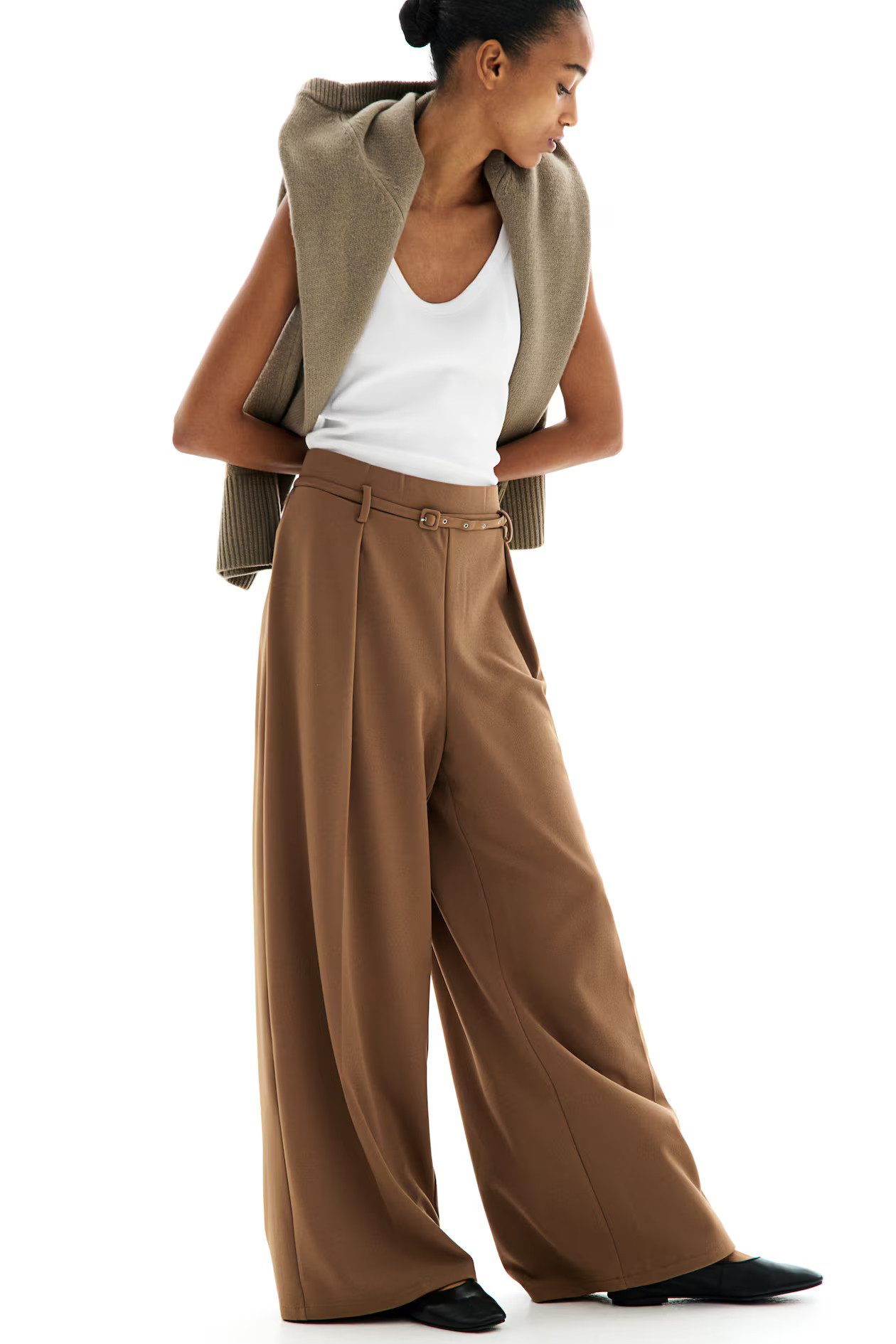 Wide Pants with Belt - Dark beige - Ladies | H&M US | H&M (US + CA)