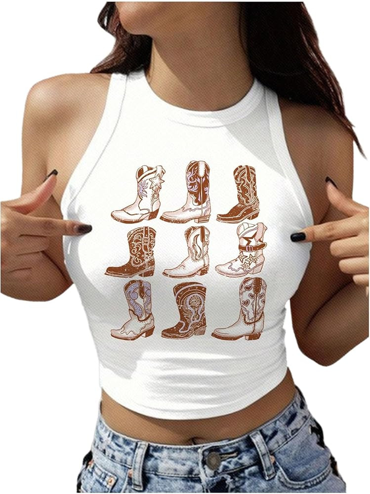 Women's Graphic Crop Tops Crewneck Slim Fit Sleeveless Tank Tops Summer Tops Cowgirl Shirts | Amazon (US)