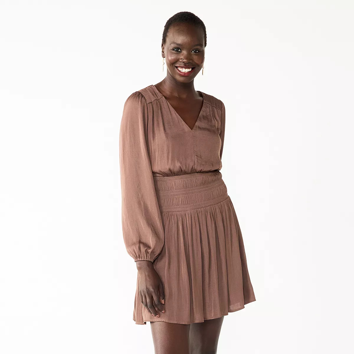 Petite Nine West Long Sleeve Smocked Mini Dress | Kohl's