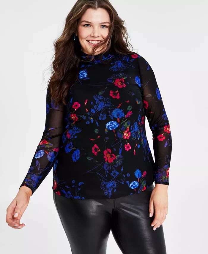 Plus Size Floral Print Turtleneck Mesh Top, Created for Macy's | Macy's