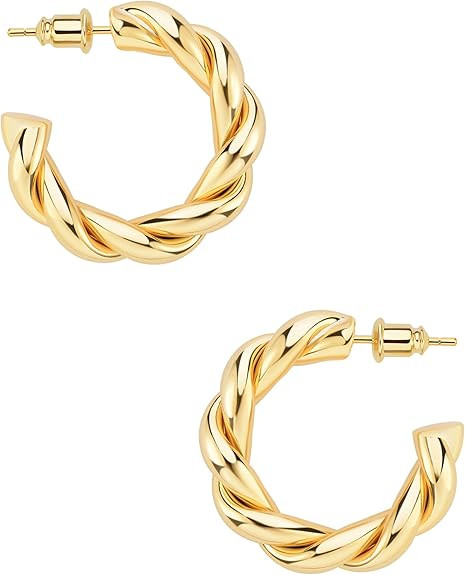 wowshow Chunky Gold Hoop Earrings, Small Gold Hoop Earrings for Women 14K Real Gold Plated Thick ... | Amazon (US)