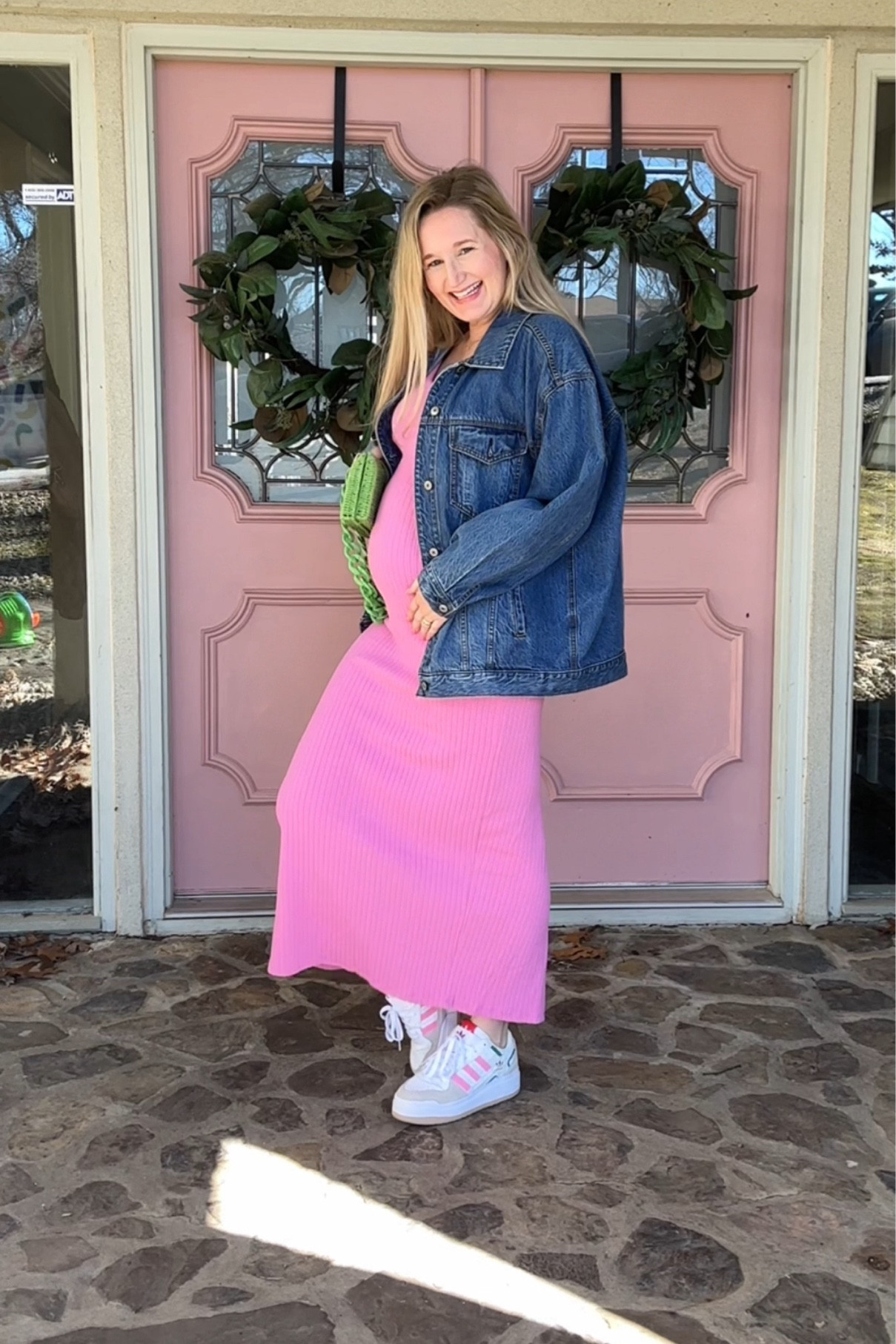 Spring maternity but make it cute 🤩 this ribbed pink dress is so stretchy and comfy!  The oversized denim jacket is not maternity but will fit through my entire pregnancy and the chunky sneakers make the outfit! 

Pregnancy outfit, spring pregnancy outfit, spring maternity dresses, cute pregnancy outfit 

#LTKbump #LTKfindsunder100