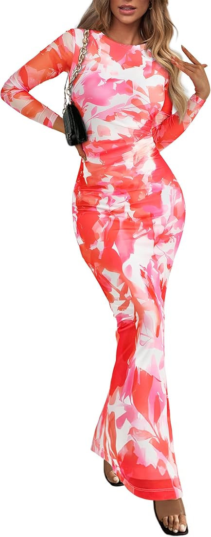 PRETTYGARDEN Women's Bodycon Maxi Dress Fall Spring Fashion Long Sleeve Floral Print Tight Fitted... | Amazon (US)