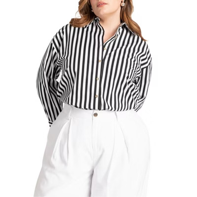 ELOQUII Women's Plus Size Preppy Striped Button Down - 28, Black Stripe | Target
