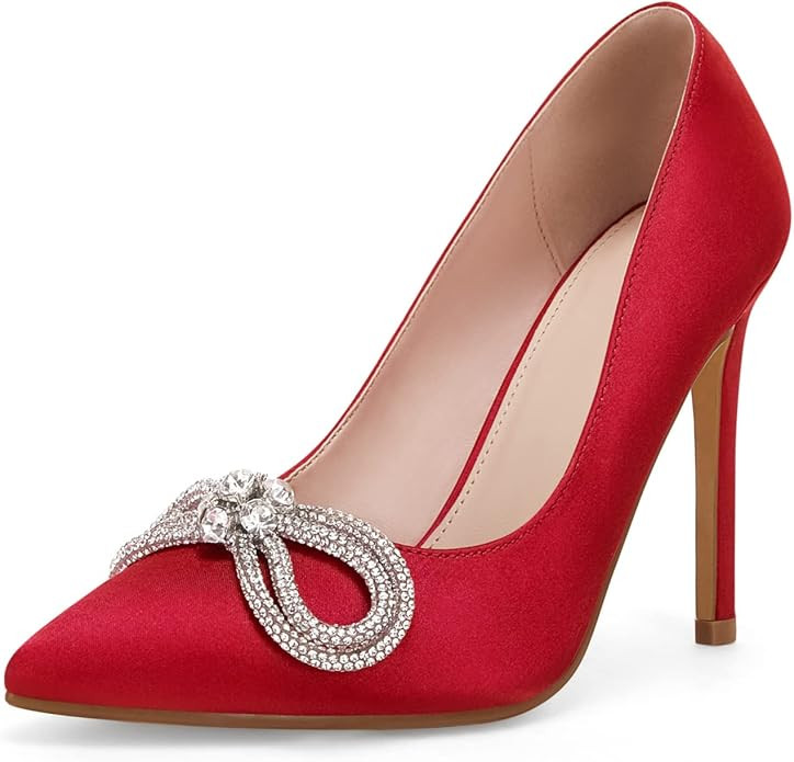 Coutgo Womens High Heels Rhinestone Bow Stiletto Pointed Toe Satin Dress Wedding Pumps Shoes | Amazon (US)