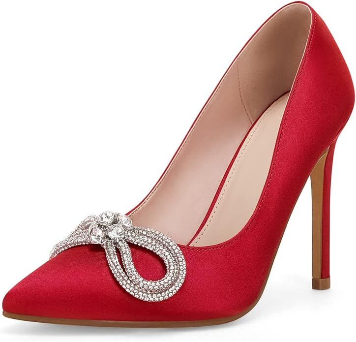Coutgo Womens High Heels Rhinestone Bow Stiletto Pointed Toe Satin Dress Wedding Pumps Shoes | Amazon (US)