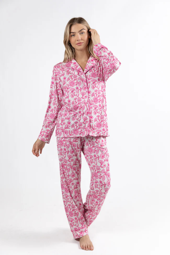 On A Cloud Vintage Pink Floral Plush Knit Pajama Set DOORBUSTER | Pink Lily
