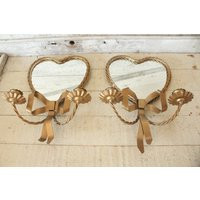 Vintage Gold Heart Shaped Twisted Wire Wall Mirror With Candle Sconces - Double Candlestick Sconce 1960S | Etsy (US)