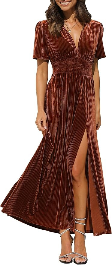 Sissyaki Women's Retro V-Neck Velvet Maxi Dress Wedding Guest Formal Party Long Dresses | Amazon (US)