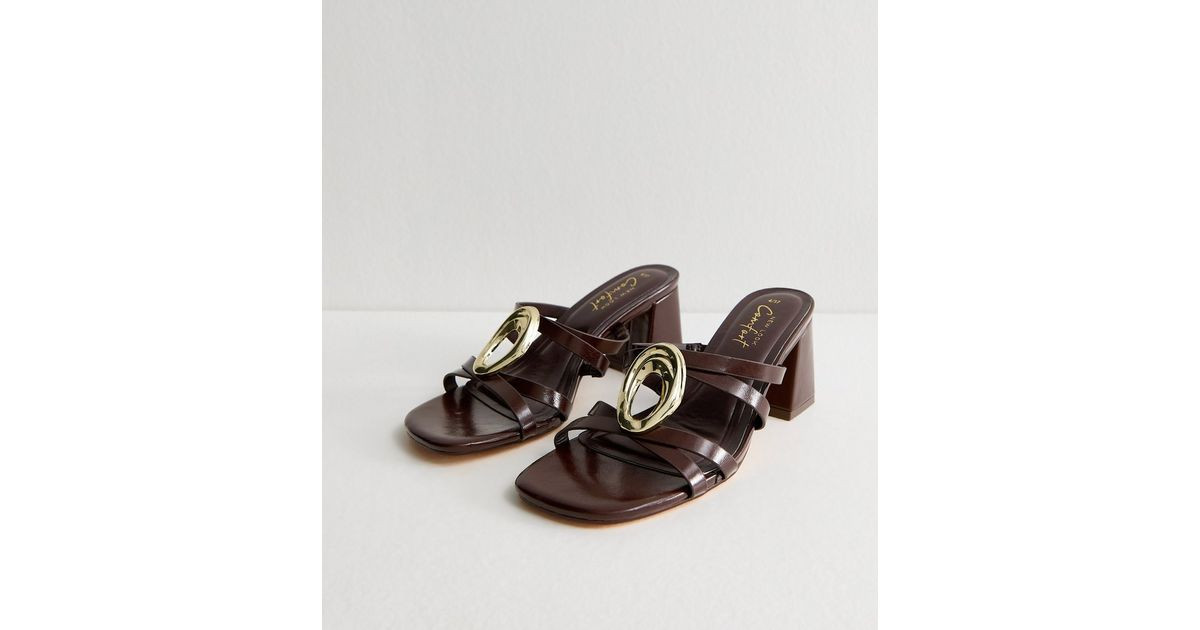 Dark Brown Faux Leather Heeled Mule Sandals | New Look | New Look (UK)