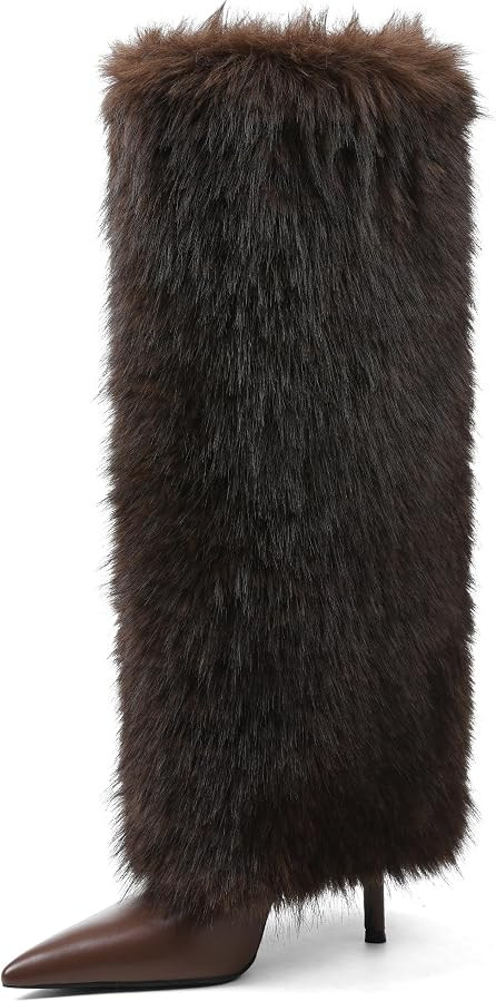 Kalstage Women Fur Knee High Boots Heels Wide Calf Fold Over Tall Boots for Party Evening Fashion... | Amazon (US)