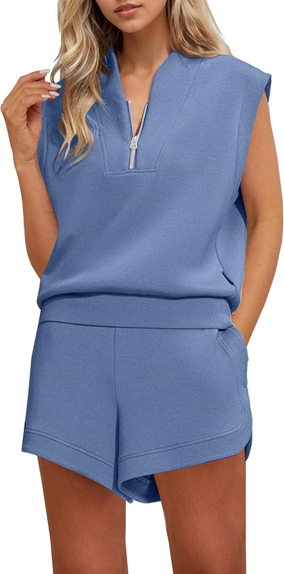 Women Two Piece Outfits Half Zip Sweatshirt Shorts Set Cap Sleeve Sweatshirt High Drawstring Wais... | Amazon (US)