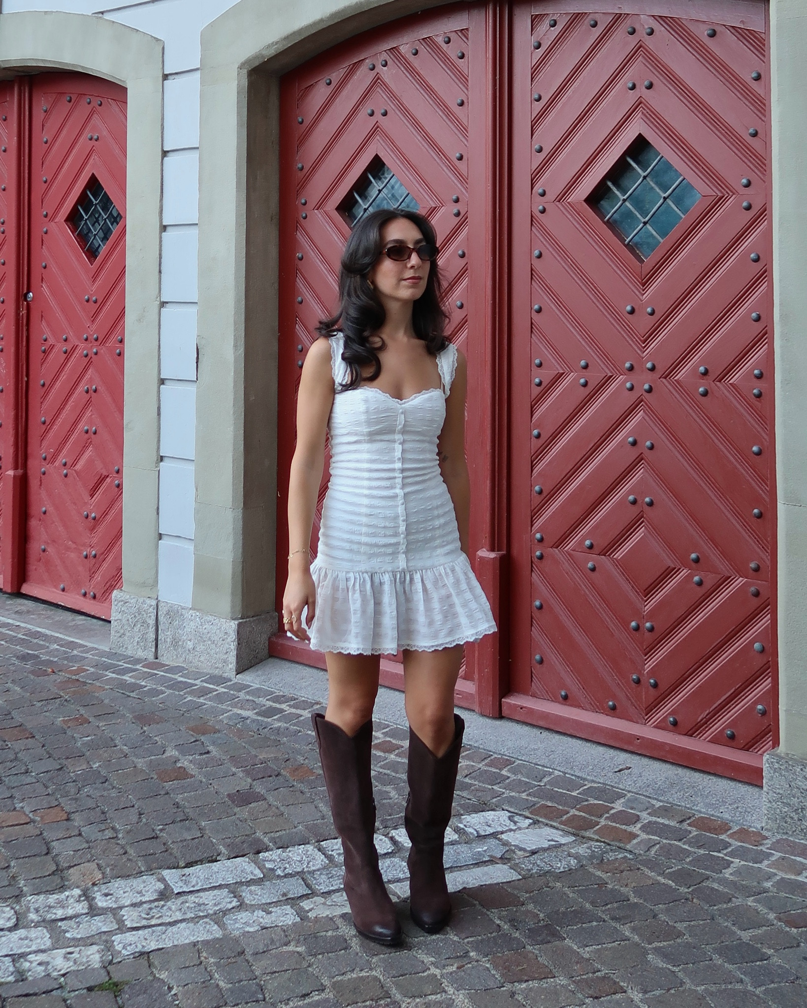 Casual outfit, Peppermayo dress, White mini dress, Brown leather western boots, Cotton on sunglasses, High street style 

#LTKstyletip #LTKuk #FashionMonth