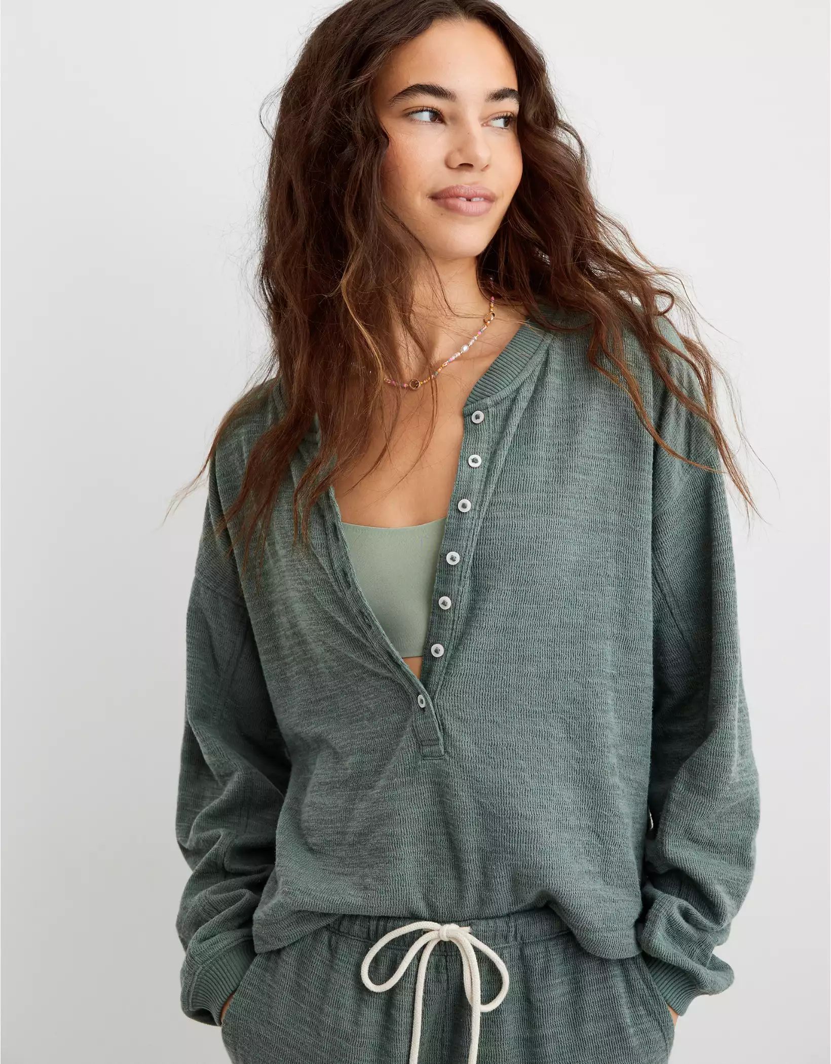 Aerie Henley Light Weight Sweatshirt | American Eagle Outfitters (US & CA)