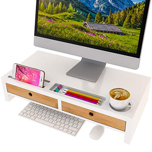 Computer Monitor Stand with Drawers - White Wood Laptop Screen Printer TV Riser 22.05L 10.60W 4.7... | Amazon (US)