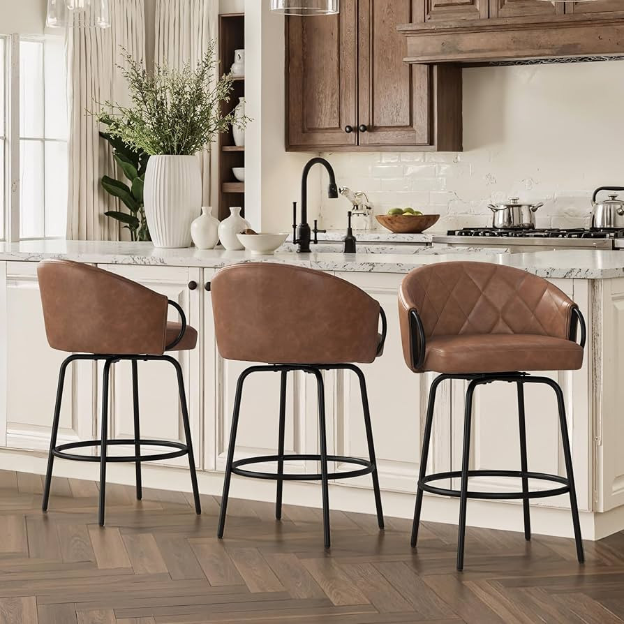 Cozyman 26" Leather Counter Height Bar Stools Set of 3, 360° Swivel Upholstered Barstools with B... | Amazon (US)