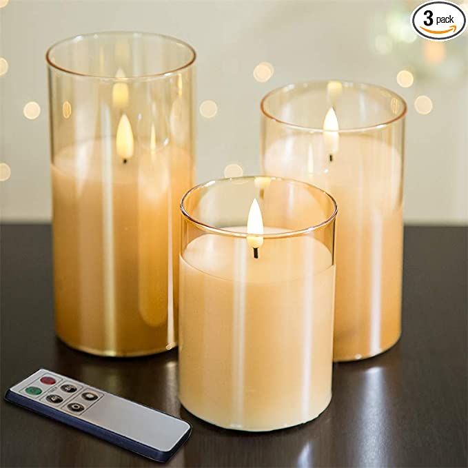 Eywamage Glass Flameless Candles with Remote Flickering Real Wax Wick LED Pillar Candles Battery ... | Amazon (US)