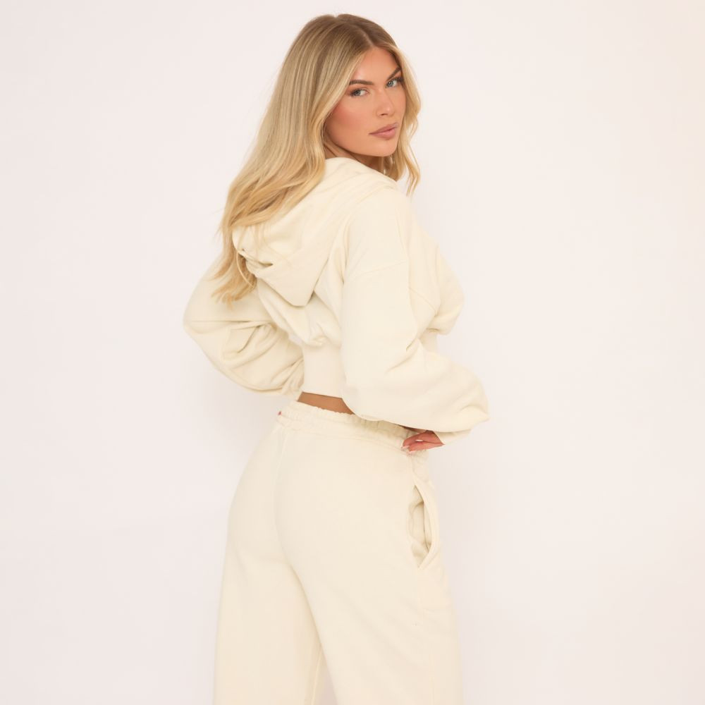Long Sleeve Zip Up Front Cropped Hoodie In Cream | EGO (UK)
