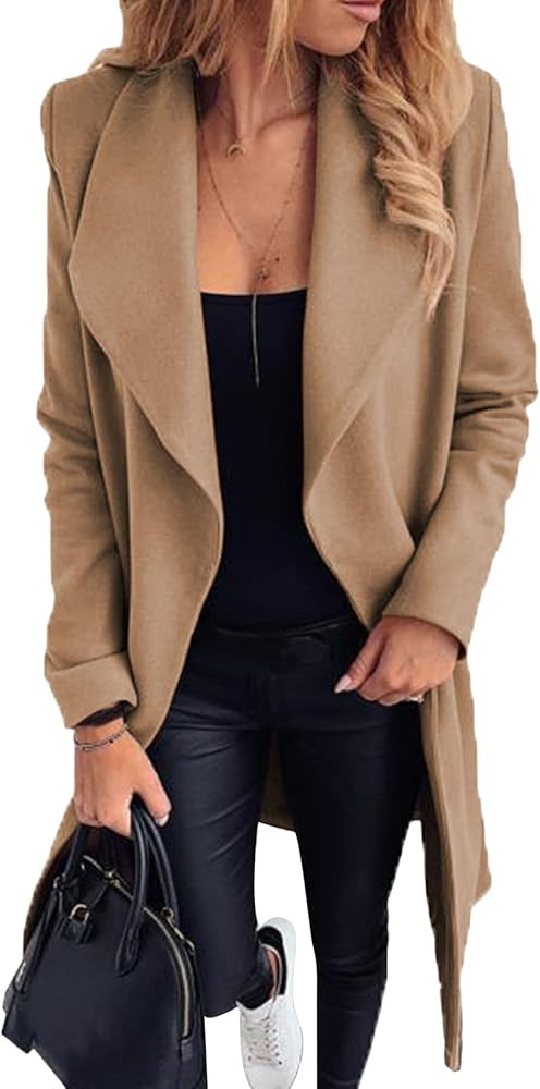 GRASWE Women's Winter Wool Blend Mid-Long Peacoat Wrap Lapel Open Front Coat | Amazon (US)