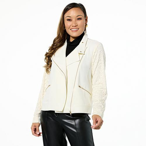 C Wonder by Christian Siriano Lace Sleeve Crepe Knit Moto Jacket - Ivory/Off White - Size 3X | HSN