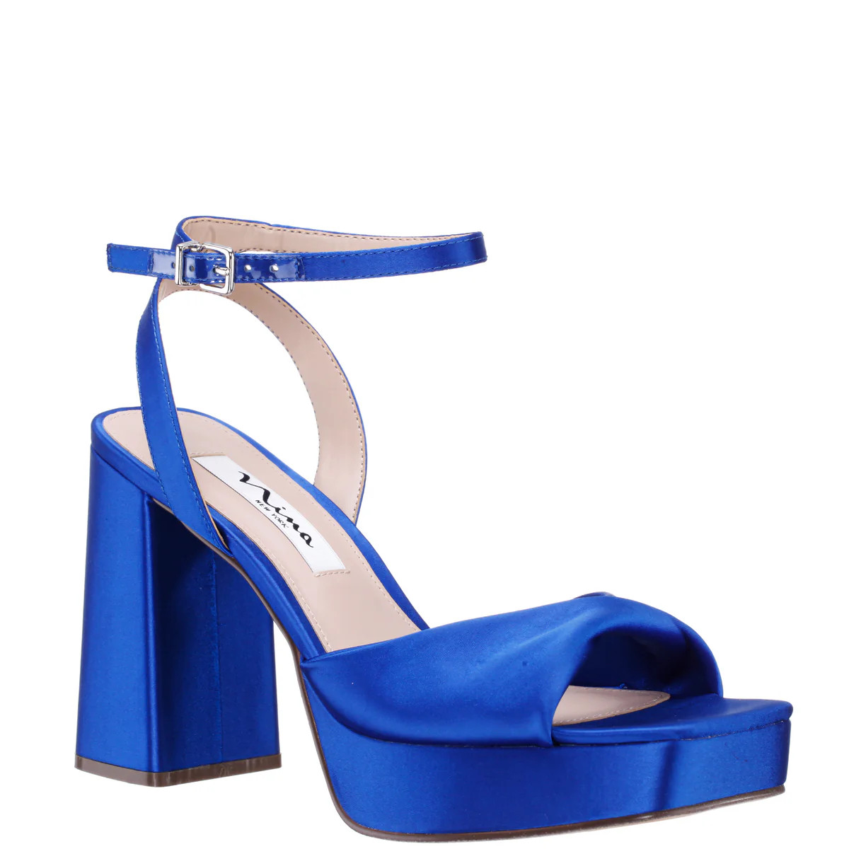 Womens Stacie Blue Satin Block-Heel Platform Sandals with Twist-Front and Ankle-Strap | Nina Shoe... | Nina Shoes
