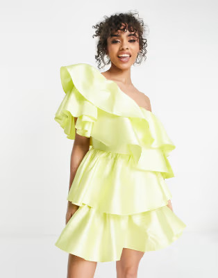 ASOS LUXE satin ruffle off shoulder mini dress in lemon | ASOS (Global)