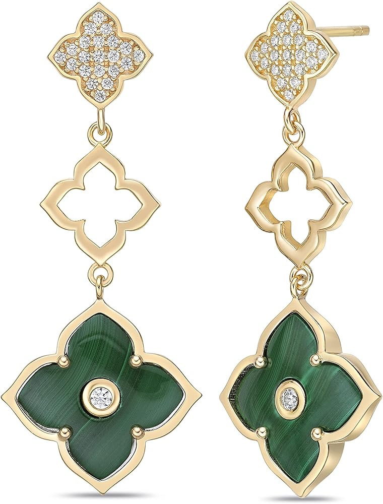 Mother of Pearl, Onyx, Malachite, Lapis Lazuli and Cubic Zirconia Three Flower Drop Dangle Earrin... | Amazon (US)