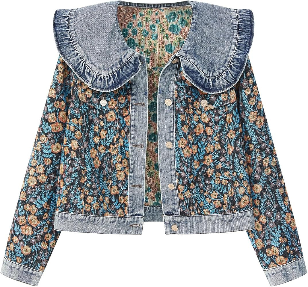 Xaspee Womens Peter Pan Collar Cropped Jean Jacket Embroidered Jacquard Long Sleeve Casual Floral... | Amazon (US)