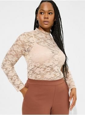 Sheer Stretch Lace Mock Neck Long Sleeve Top | Torrid (US & Canada)