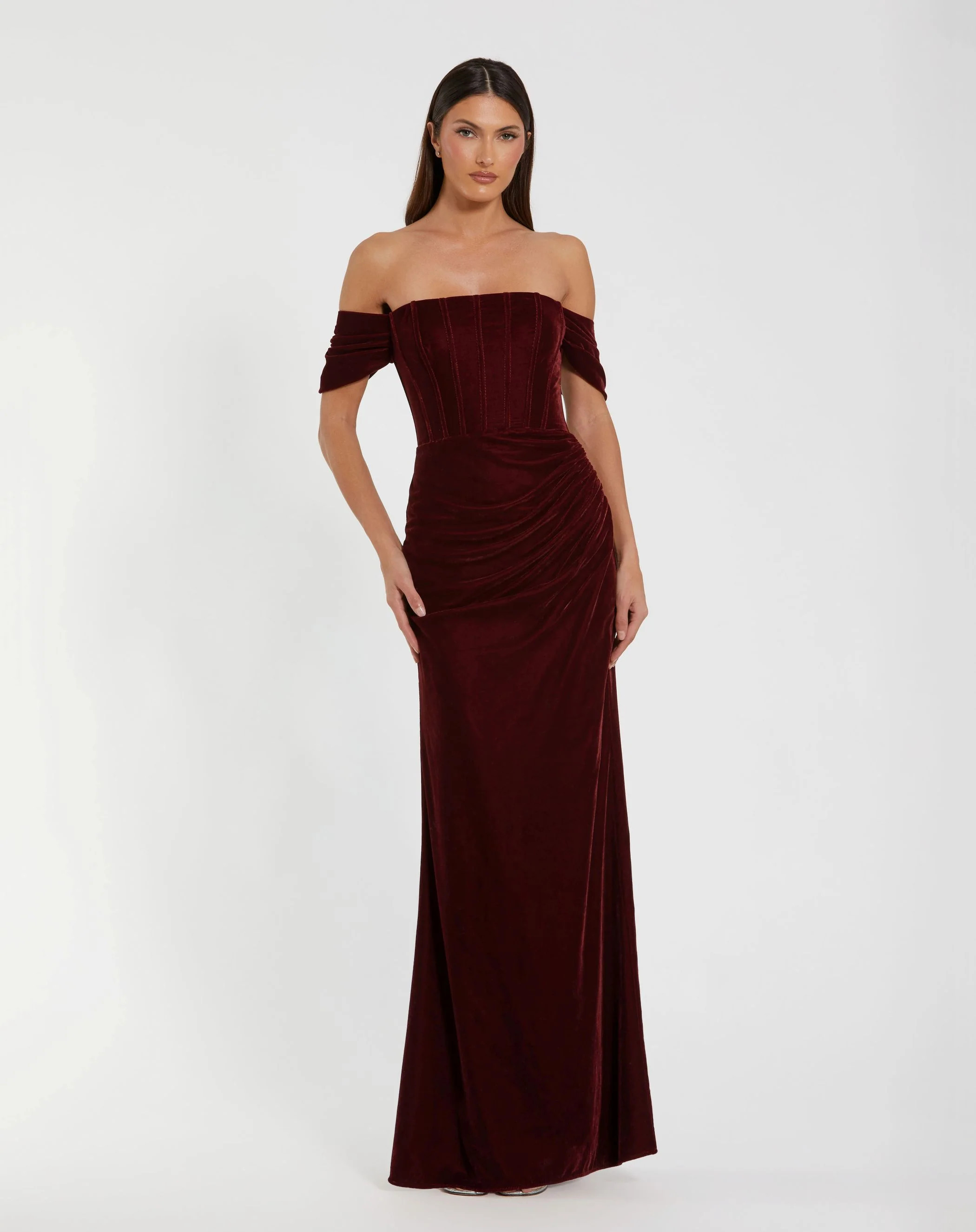 Off-the-Shoulder Velvet Bustier Gown | Mac Duggal